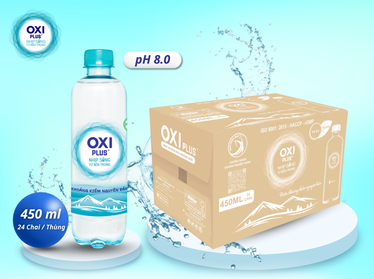 NƯỚC KHOÁNG KIỀM NGUYÊN BẢN OXI PLUS pH 8.0 - 450ml - Thùng 24 chai