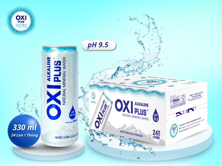 NƯỚC KHOÁNG ION KIỀM NGUYÊN BẢN OXI PLUS pH 9.5 - Lon 330ml - Thùng 24 lon
